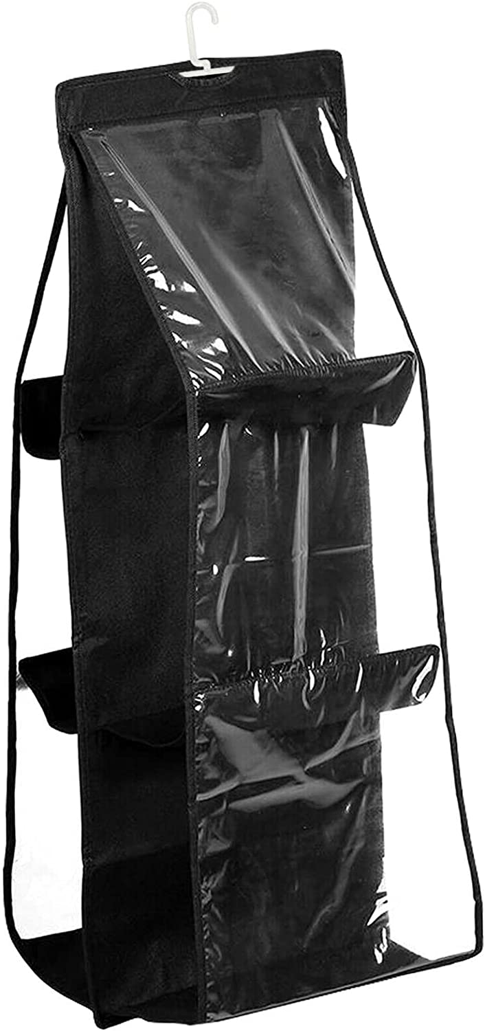 Ecorner Store Purse Handbag Organizer 6 Pocket Foldable Large Clear Anti  Dust Hanging Storage Bag Organizer with Hook Purse Hanger Storage Holder  for Wardrobe Closet Organizer Pack of 2 Pc Grey01 & Black01