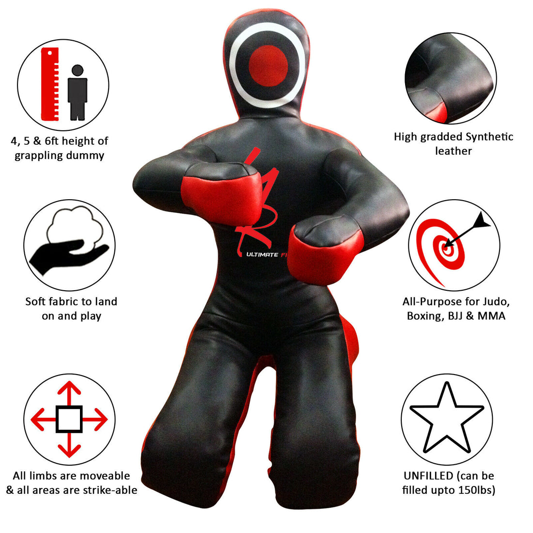 Brazilian Jiu Jitsu Synthetic Leather Grappling Kneeling Dummy Boxing judo MMA - Black/Red - KNEELING 6 Feet Pre Filled 13KG